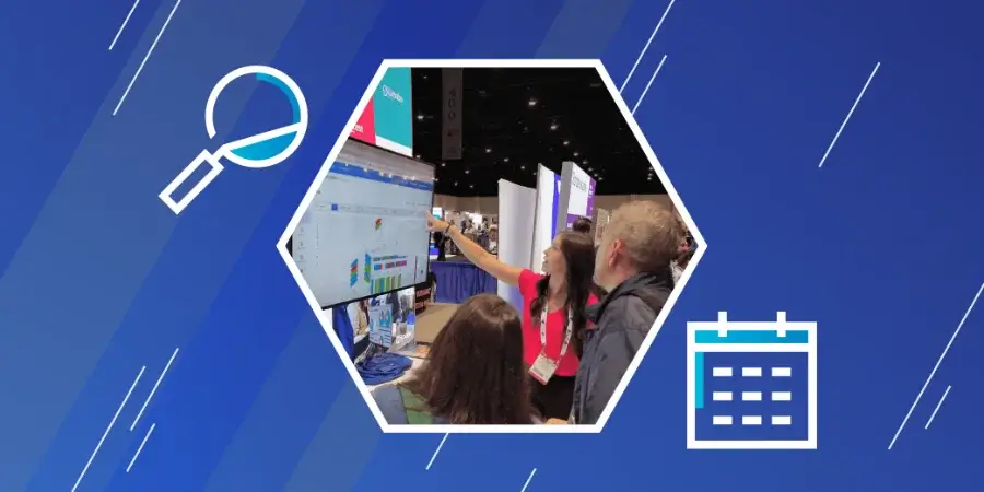 Three people look at a computer screen at an event booth, with one person pointing at the display; icons of a magnifying glass and a calendar are overlaid on a blue background.