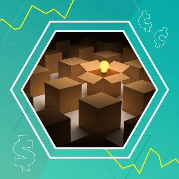 A lit lightbulb emerges from an open box among closed boxes, symbolizing innovation or creative ideas in business. Dollar and cent symbols are in the background.