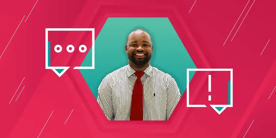 A man in a striped shirt and red tie smiles against a turquoise background, framed by a pink hexagon, with chat icons on either side.
