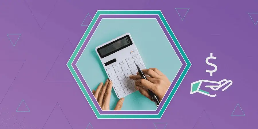 A person uses a calculator and pen on a blue surface, with a dollar sign and hand icon on a purple background.