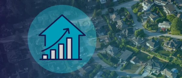 A graphic of an upward arrow and bar chart over a house icon is superimposed on an aerial view of a suburban neighborhood, suggesting rising real estate or housing market trends.
