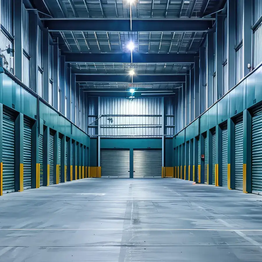 Interior view of a modern storage facility with a long corridor lined with closed green roll-up doors on either side, and bright overhead lighting.
