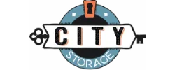 Logo for City Storage featuring a circular design with a keyhole at the top, the word "CITY" in bold letters, and "STORAGE" in smaller text below.