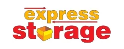 Logo with the words “express storage,” where "express" is in orange above "storage" in red, with a yellow box forming the "o" in "storage," and red arrows above each word.