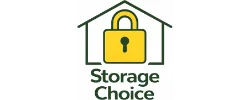 Logo for Storage Choice featuring a yellow padlock inside the outline of a house, with the words "Storage Choice" below in green text.