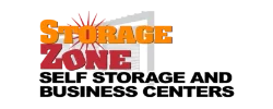Storage Zone logo with bold orange and red text above the words "Self Storage and Business Centers" in black and white.