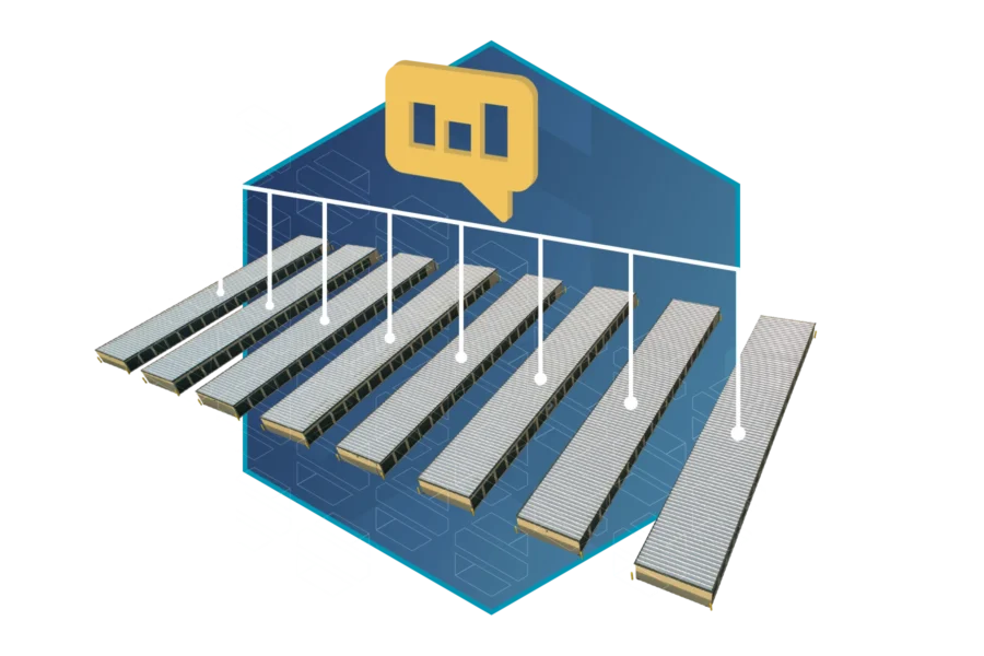 Illustration of seven large warehouse buildings connected to a central data or analytics icon, suggesting data integration or centralized monitoring.