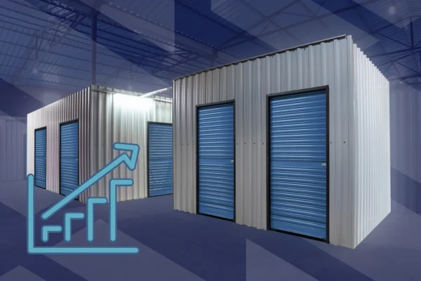 Rows of metal storage units with blue roll-up doors inside a warehouse, overlaid with a rising bar graph and arrow icon.